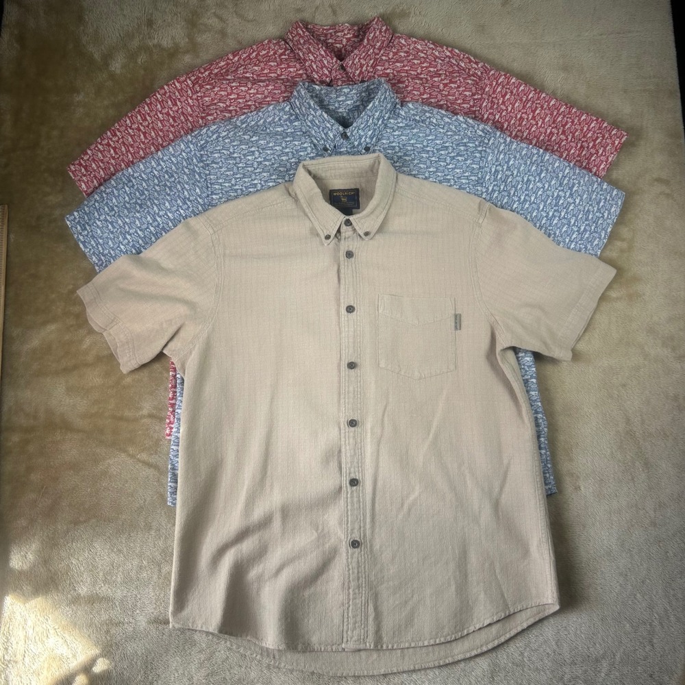 3 - Woolrich Mens Red Blue Tan Truck Tree Print Short Sleeve Button Down Shirt L